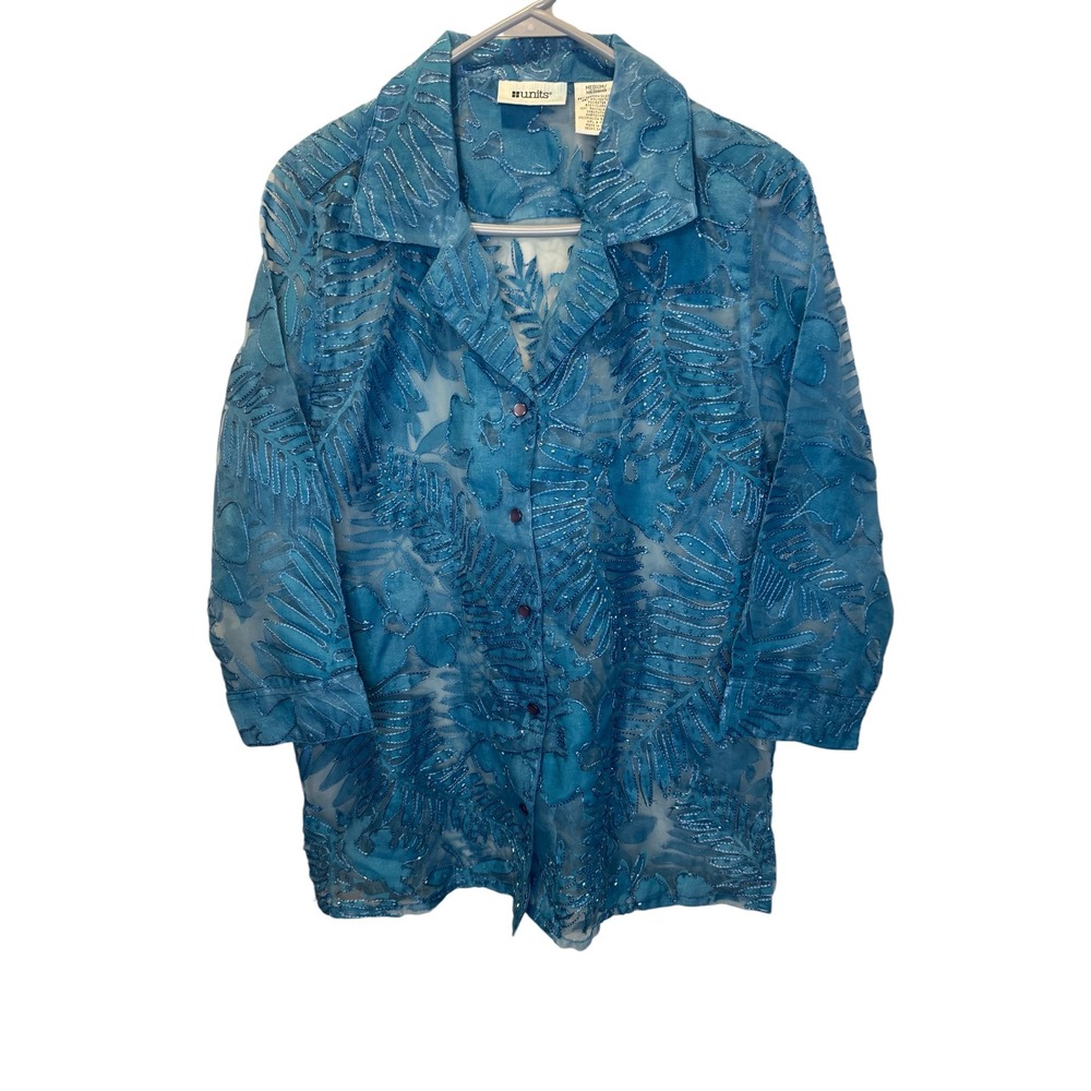 Units Womens Blue Sheer Embroidered Tropical Beaded Button Down‎ Shirt M